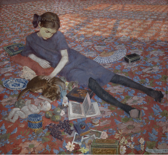 Felice Casorati: Bambina che gioca su tappeto rosso, 1912, olio su tela, Gand, Museum voor Schone Kunsten