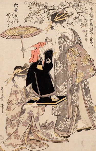 Kitagawa Utamaro Yoyogiku e Yoyotsuru della Matsubaya, dalla serie Illustrazione completa delle parodie del kabuki di Yoshiwara (1798)  Silografia policroma, 38,6 x 25,1 cm - Honolulu Museum of Art