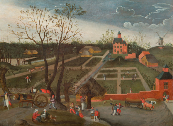 Jacob Grimmer - Marten van Cleve Villaggio fiammingo con contadini al lavoro nei campi 1565-70 ca. Olio su tavola, 44x59 cm Collezione privata