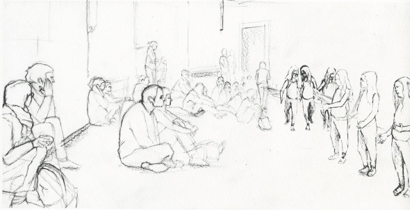 Philippe Parreno, Annlee de Tino Sehgal, dessiné au Palais de Tokyo, 2013. Crayon sur papier