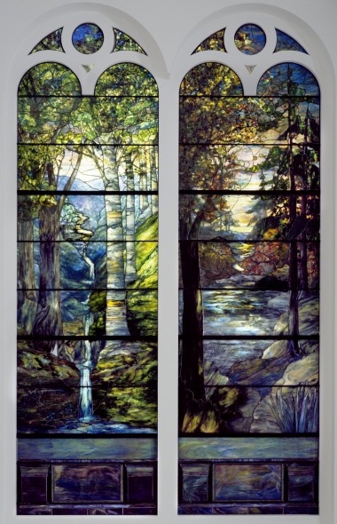 Tiffany Studios (1902-1932). Dawn in the Woods in Springtime, 1905. Stained glass window, approx.: 150 x 43 in. (381 x 109.2 cm). Brooklyn Museum, Gift of All Souls Bethlehem Church, 2014.17.1. Creative Commons-BY (Photo: Brooklyn Museum)