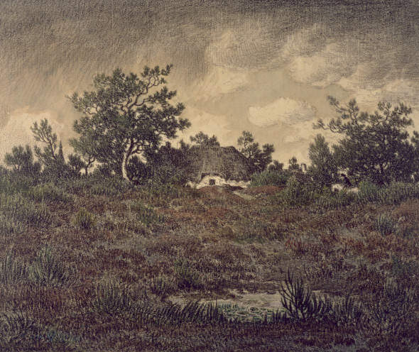 Landscape with Cottage, c. 1865 Landskab med bondehus, ca. 1865 Watercolor with crayon over graphite on beige laid paper / Akvarel med farvekridt over grafitpå beige ribbetpapir 31.8 × 37.7 cm  The Walters Art Museum, Baltimore, Maryland, 37.966
