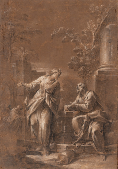 Francesco Monti (Bologna 1685 – Brescia 1768), Cristo e la samaritana al pozzo, Matita nera e biacca su carta preparata bruna, mm 425 x 298.