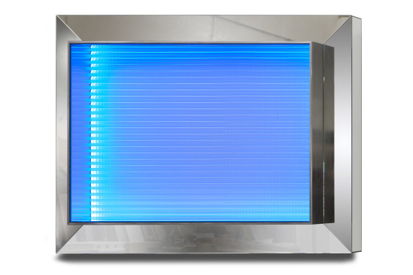 Nanda Vigo, Cronotopo - telaio in alluminio vetri stampati specchio e neon blu