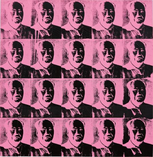 9 ANDY WARHOL 20 Pink Mao's signed, dated and titled 'Andy Warhol 79 "20 pink Mao's reversal series"' on the overlap synthetic polymer and silkscreen ink on canvas 99.7 x 96.8 cm (39 1/4 x 38 1/8 in.) Executed in 1979.  Estimate £4,000,000 - 6,000,000 ‡ SOLD FOR £4,741,000