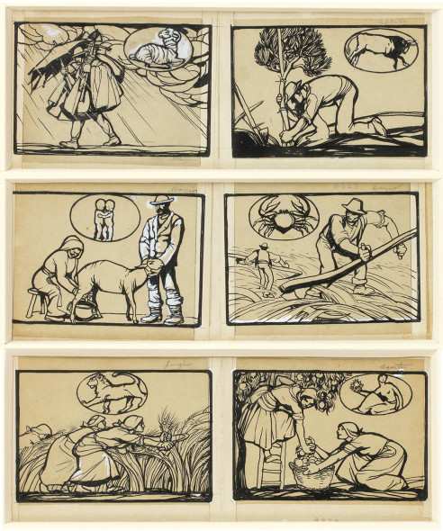 14.Lotto 90 – Duilio Cambellotti, Almanacco per la gente rurale, 1930 Dodici disegni a china e biacca su carta, 10x15 cm cd € 10.000/12.000 