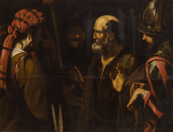 Lotto 662 Bernardo Strozzi (1581 – 1644), La negazione di Pietro, Olio su tela,  Stima € 15.000 – 25.000 