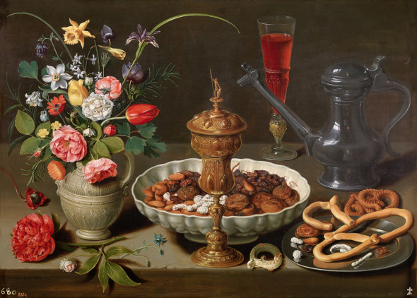 Still life with Flowers, Gilt Goblet, Almonds, Dried Fruits, Sweets, Biscuits, Wine and a Pewter Flagon  Clara Peeters  Oil on panel, 53 x 73 cm                     1611     Madrid, Museo Nacional del Prado  