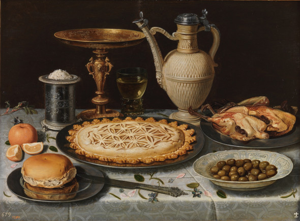 Table with Cloth, Salt Cellar, Gilt Standing Cup, Pie, Jug, Porcelain Plate with Olives and Cooked Fowl   Clara Peeters  Oil on panel, 55 x 73 cm                     c. 1611             Madrid, Museo Nacional del Prado   