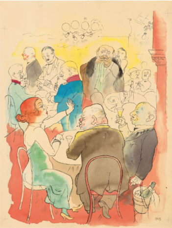 George Grosz 1893 - Berlin - 1959 Soirée 1922 Watercolour, pen and ink and pencil on firm paper with 3 perforated margins. 49.2 x 37.2 cm. Signed 'Grosz' in ink in old German lower right. - The colours very fresh, the paper slightly browned, a short professionally restored marginal tear to the right. Register marks in pencil in the corners. With an expertise by Ralph Jentsch. The work is to be included in the catalogue raisonné of the works on paper by Gerorge Grosz. Estimated price €250.000 - €350.000