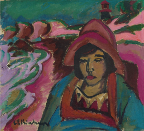 Ernst Ludwig Kirchner Aschaffenburg 1880 - 1938 Frauenkirch near Davos Mädchen in Südwester 1912 Oil on canvas. 51 x 56 cm. In a frame designed by the artist. Signed 'E. L. Kirchner' in blue-black lower left and titled 'Mädchen im [sic] Südwester' in blue brush verso. - Two Basel estate stamps "NACHLASS E.L.KIRCHNER" verso, the larger one inscribed "Be/Ba 1" in black brush. - A small loss of colour in the central left area of the painting, restored by the artist and backed with canvas patches verso. A short, professionally restored tear in the upper canvas overlap. Gordon 246Estimated price €1.300.000 - €1.500.000