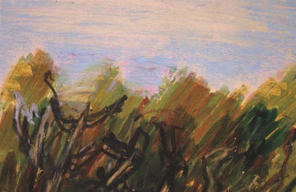 Ennio Morlotti: Ulivi a Bordighera, 1989, pastello ad olio su carta, cm31x32,7