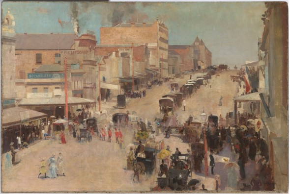 Tom Roberts Allegro con brio, Bourke Street West, about 1885-6, reworked 1890 Oil on canvas mounted on composition board 51.2 × 76.7 cm National Gallery of Australia, Canberra and the National Library of Australia, Canberra Purchased 1920 by the Parliamentary Library Committee © National Gallery of Australia, Canberra and the National Library of Australia, Canberra