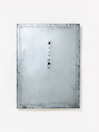 Lucio Fontana Rosario de Santa Fé (Argentina) 1899 - 1968 Varese Matrice di incisione 1966 Steel, scratched and perforated. 80 x 60 cm. Signed and dated 'I.Fontana 66' (scratched) and with dedication to the printer Giorgio Upiglio. - Traces of studio as well as firmly mounted to panel. The present work is registered under the number 3654/4 in the Fondazione Lucio Fontana, Milan. Estimated price €100.000 - €150.000