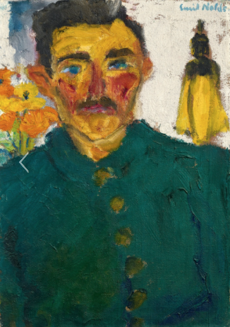 Emil Nolde Nolde near Tondern 1867 - 1956 Seebüll Der Jäger 1918 Oil on canvas. 68.5 x 48.5 cm. Framed. Signed 'Emil Nolde.' in blue upper right. Inscribed 'Emil Nolde: "Der Jäger." on the back of the stretcher upper left. - Old nailing, the stretcher with traces of colour. The left edge of the canvas has been cut and flush mounted to the wood on the front with nails. The other sides with canvas overlap, the lower one painted. - In fine, original condition. Urban 821 Estimated price €500.000 - €600.000