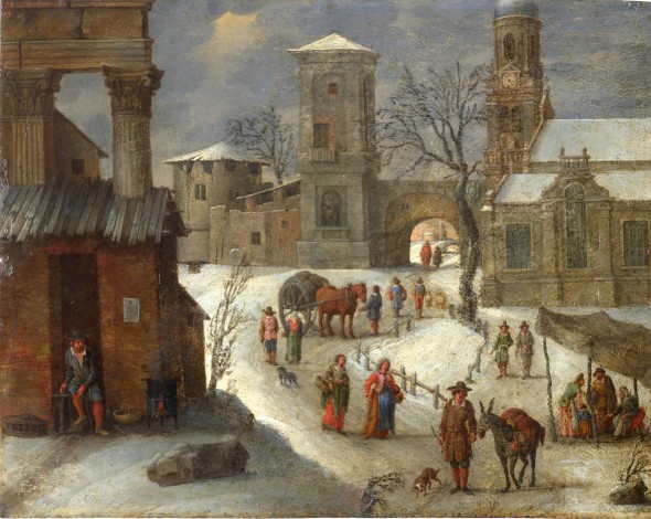 Sinibaldo Scorza:Paesaggio innevato con figure nei pressi di un borgo. Olio su rame, 18 x 24 cm ciascuno. Genova, collezione privata © Paolo Airenti Fotografia, Genova