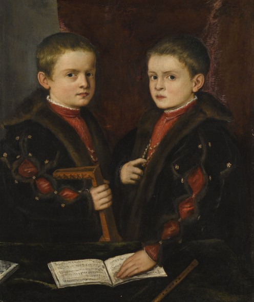 Tiziano Vecellio, called Titian, and workshop PIEVE DI CADORE CIRCA 1485/90 - 1576 VENICE PORTRAIT OF TWO BOYS, SAID TO BE MEMBERS OF THE PESARO FAMILY signed with initials lower left: T F oil on canvas 91.5 x 77 cm.; 36 x 30 1/4  in. Estimate  1,000,000 — 1,500,000  GBP
