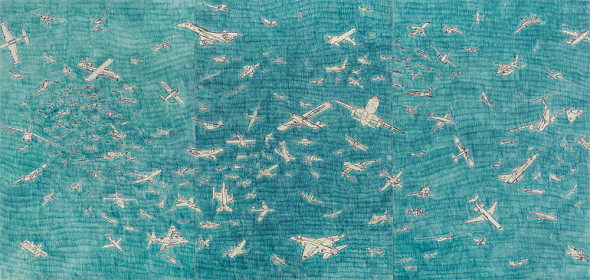 420 ALIGHIERO BOETTI Torino 1940 - Roma 24/04/1994 Aerei, 1983 biro blu su carta montata su tela cm 23x48,5; opera non firmata, registrata presso l'Archivio Alighiero Boetti (Roma) al n∞ 4922 come da dichiarazione su foto. base díasta: 60.000 € stima: 110.000/120.000 € In asta a Vercelli da Meeting Art sabato 14 gennaio 2017 