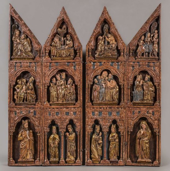  Chiale Fine Art Two wings of a shrine retable Telling stories of Mary and Saint Catherine (recto);Saint Peter (?) and Saint Paul (verso) Coat of arms of the kingdom of Castile and Léon (side widths) Painted and gilded softwoods on poplar panels. Castile, circa 1320-40 Exterior doors: H 139 x W 29 x D 5.7 cm Interior doors: H 136 x W 34 x D 5.7 cm Total size: H 139 x W 126 x D 5.7 cm The marked sense of line is characteristic of early 14th century Castilian culture. The painted squares of the Castle and Lion which alternate along the edges of the panels are particularly emblematic of the time, symbols of the kingdoms of Castille and Leon, sovereign states united under one crown in 1230 by Ferdinando III Provenance: Rockefeller collection; George Lurcy collection; private collection