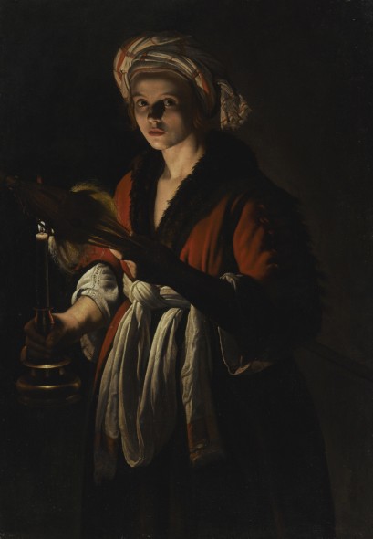 Adam de Coster MECHELEN 1585/6 - 1643 ANTWERP A YOUNG WOMAN HOLDING A DISTAFF BEFORE A LIT CANDLE oil on canvas 52 3/4  by 37 3/8  in.; 134 by 94.9 cm. Estimate  1,500,000 — 2,000,000  USD