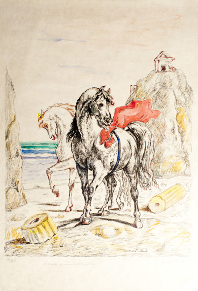 Giorgio de Chirico, Cavalli antichi, 1969. Litografia colorata a mano dall'artista