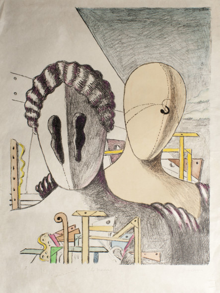Giorgio de Chirico, Le Maschere, 1970. Litografia colorata a mano dall'artista