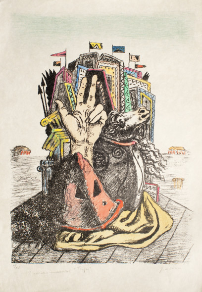 Giorgio de Chirico, Trofeo, 1969. Litografia colorata a mano dall'artista