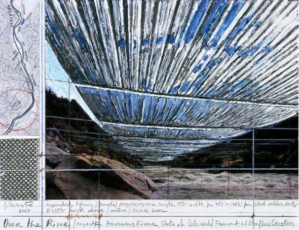 Christo Over The River, Project For The Arkansas River, State of Colorado Collage 2007 21.5 x 28 cm (8 1/2" x 11") Pencil, enamel paint, wax crayon, photograph by Wolfgang Volz, fabric sample and topographic map. Photo: Wolfgang Volz, © Christo 2007