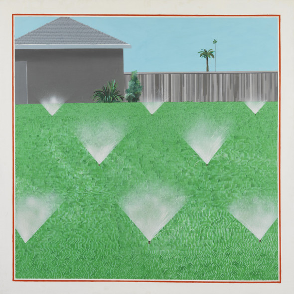 A Lawn Being Sprinkled 1967 Acrylic paint on canvas 1530 x 1530 mm Lear Family Collection © David Hockney Photo Credit: Richard Schmidt