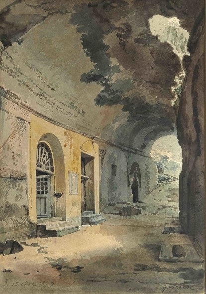 4.GIACINTO GIGANTE (Napoli 1806 – 1876) Santuario nell’Anfiteatro Flavio a Pozzuoli, 1827 Matita e acquerello su carta. 258 x 184  