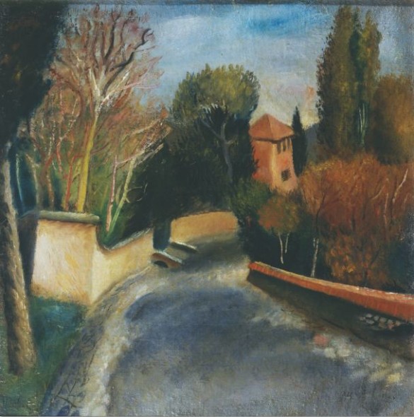 MAFAI MARIO,STRADA CON CASA ROSSA,1928,OLIO SU TELA,cm.38x38,5