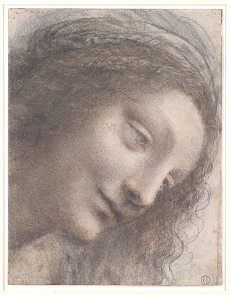  The Head of the Virgin in Three-Quarter View Facing Right Leonardo da Vinci , 1510–1513  Black chalk, charcoal, and red chalk, with some traces of white chalk (?); some remains of framing outline in pen and brown ink at upper right (not by Leonardo)