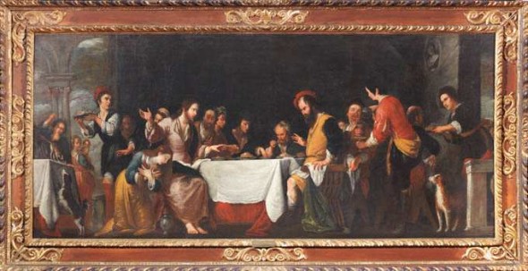 Bernardo Strozzi e bottega (Genova 1581-Venezia 1644), Cena in casa di Simone, olio su tela, cm 102x230,5