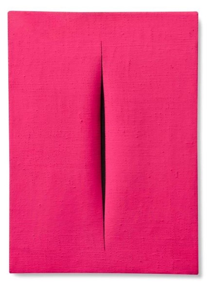 LUCIO FONTANA Concetto Spaziale, Attesa – 1964; idropittura su tela, rosa cm 33x24; stima: € 330.000-430.000