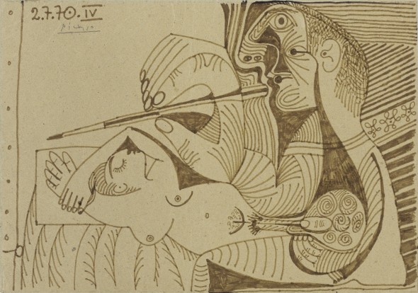 Pablo Picasso 1881 - 1973 LE PEINTRE ET SON MODÈLE Signed Picasso and dated 2.7.70. IV (upper left) ink on cardboard 8 5/8 x 12 1/4 in. Executed on 2nd July 1970. Estimate     300,000 — 400,000  EUR
