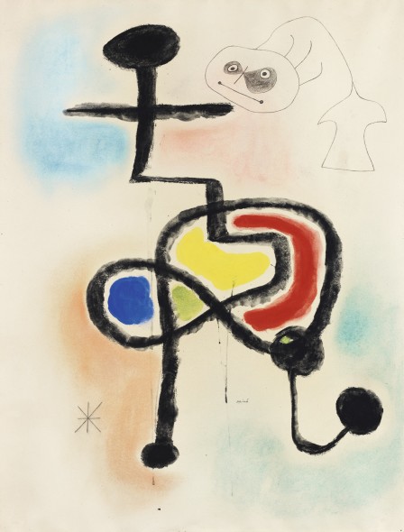 Joan Miró 1893 - 1983 FEMME, OISEAU, ETOILE signed Mirò (lower center) ; signed Joan Mirò, tittled Femme, oiseau, étoile, inscribed Barcelone and dated 3-2-1943 (on the reverse) gouache, watercolour, pastel and pencil on paper 26 3/8 x 20 1/2 in. Painted in 1943. Estimate     200,000 — 300,000  EUR