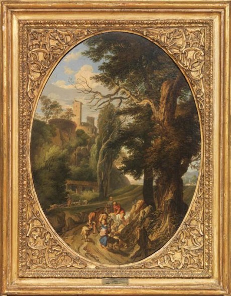 Andrea Locatelli (Roma 1695-1741), Veduta della Chiesa di Sant’Agnese con il Mausoleo di Santa Costanza e Veduta laziale con pastori e armenti, olio su tela, cm 64,5x47 ognuno, ovali
