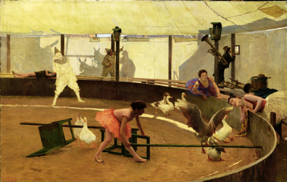 Giovanni Battista Quadrone (Mondovì 1884 – Torino 1898), Le oche ammaestrate, olio su tela applicato su tavola, cm 54x34,5