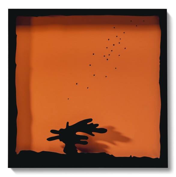 Lucio Fontana 1899 - 1968 CONCETTO SPAZIALE, TEATRINO SIGNED AND TITLED ON THE REVERSE, WATER-PAINT ON CANVAS ORANGE, AND LACQUERED WOOD BLACK. EXECUTED IN 1965 firmato e intitolato sul retro idropittura su tela arancione e legno laccato nero cm 100x100 Eseguito nel 1965