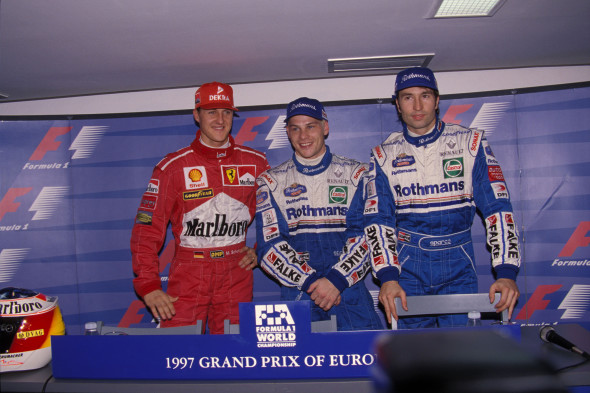  Ercole Colombo, Jacques Villeneuve tra Michael Schumacher e Damon Hill, GP d’Europa, 1997, Spazio Oberdan Milano