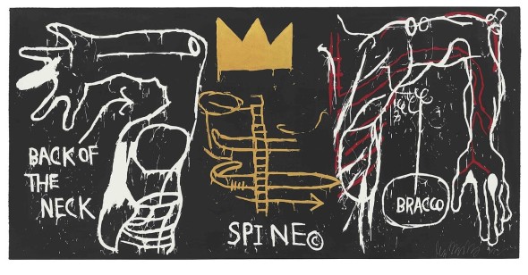 ©  BASQUIAT, JEAN-MICHEL  2772 B356  Back of the Neck 1983 Five-color silkscreenwith hand coloring on paper 50.25 x101.75 in.