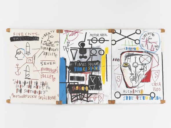 © BASQUIAT, JEAN-MICHEL 2014 B272 Five Fish Species 1983 Acrylic and oil stickon canvas mounted on wood supports -three panels 66.875 x140.5 in. overall
