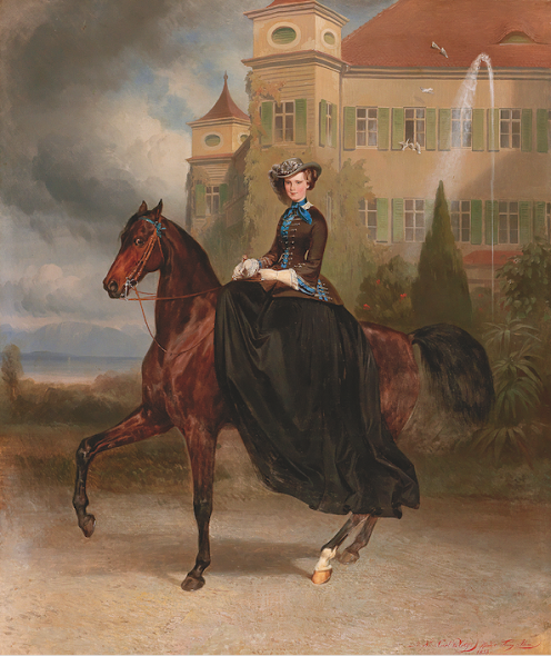 Carl Theodor von Piloty (1826 - 1886) e Franz Adam (1815-1886) Elisabetta d'Austria, la futura sposa a cavallo di fronte al Castello Possenhofen, 1853, olio su tela, 128 x 108 cm stima € 300.000 - 350.000