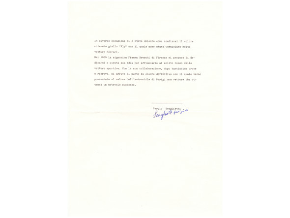 Lettera autografa di S. Scaglietti che dichiara che fu F. Breschi a scegliere il “giallo fly” come colore per le automobili Ferrari   