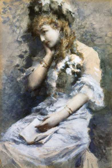 Daniele Ranzoni - In   contemplazione, acquarello su carta, 1880