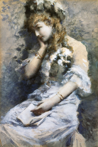 Daniele Ranzoni - In contemplazione, acquarello su carta, 1880