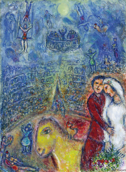 Galerie Boulakia Les fiancés au cirque Marc Chagall (Vitebsk 1887-1985 Saint-Paul-de-Vence) Oil on canvas 100 x 73 cm Signed lower right 'Marc Chagall', signed and dated on verso 'Marc/Chagall/1982' 1982 Certificate of the Marc Chagall committee, Paris.