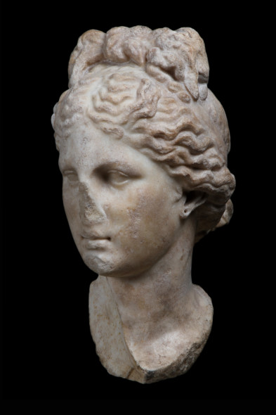 Galerie Chenel Aphrodite head Marble and brown patina 35 x 17 x 25.5 cm Hellenistic, first century BC - first Century AD