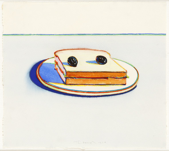 Di Donna Galleries Cheese and Olive Sandwich Wayne Thiebaud (Mesa, Arizona, 1920) Watercolor on paper 31.1 x 34.9 cm (12.25 x 13.75 in.) 1964 Art © Wayne Thiebaud/Licensed by VAGA, New York, NY.