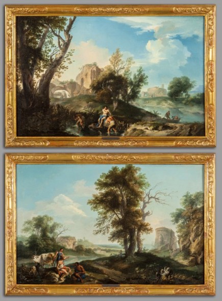 Lotto: 436 ANDREA LOCATELLI (1695-1741) "Paesaggio con pastori" e "Paesaggio romano con rovine" coppia di olii (cm. 85,5x55), cornici coeve in legno finemente intagliato e dorato